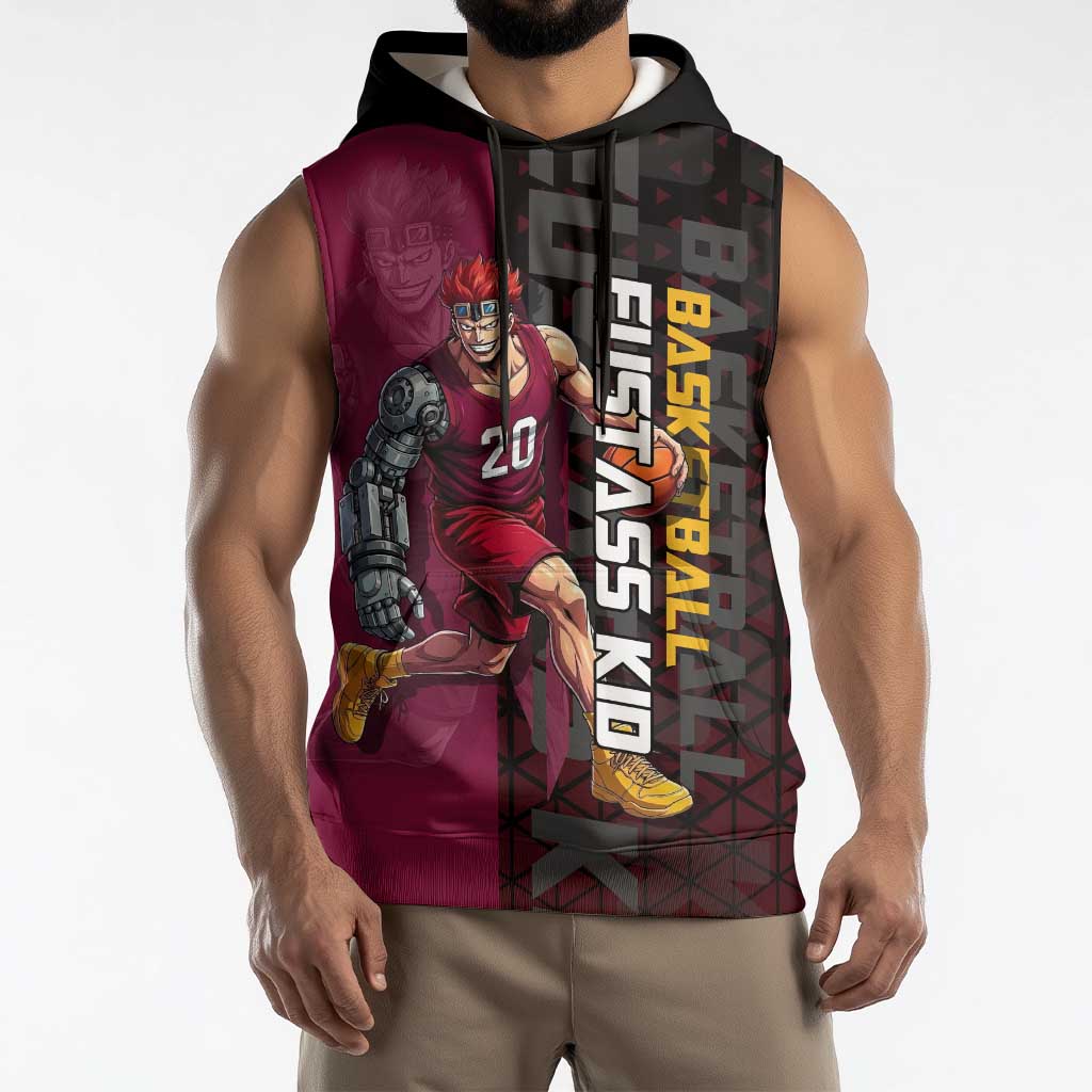 Eustass Kid One Piece Basketball Theme Red and Black Design Sleeveless Hoodie with Flame Skull Emblem and Mechanical Arm Pose - The Mazicc