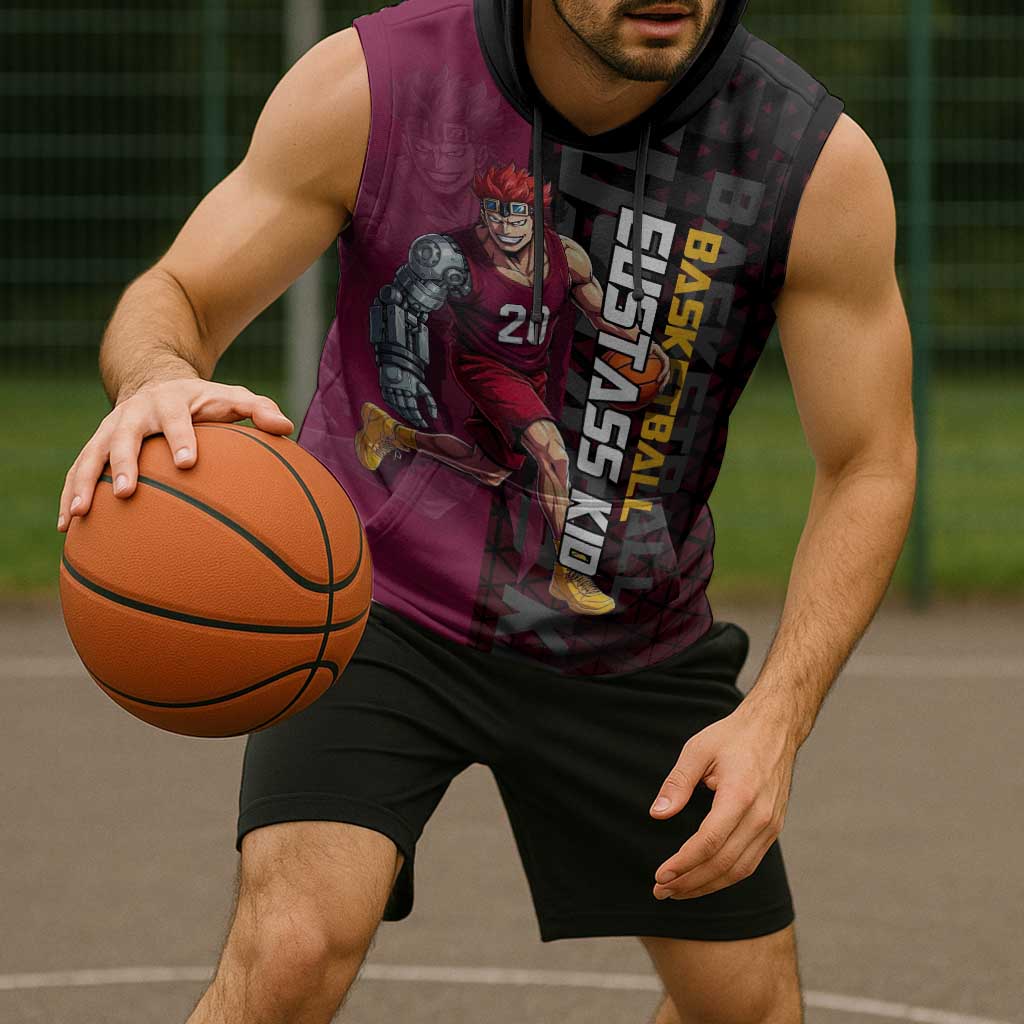 Eustass Kid One Piece Basketball Theme Red and Black Design Sleeveless Hoodie with Flame Skull Emblem and Mechanical Arm Pose - The Mazicc