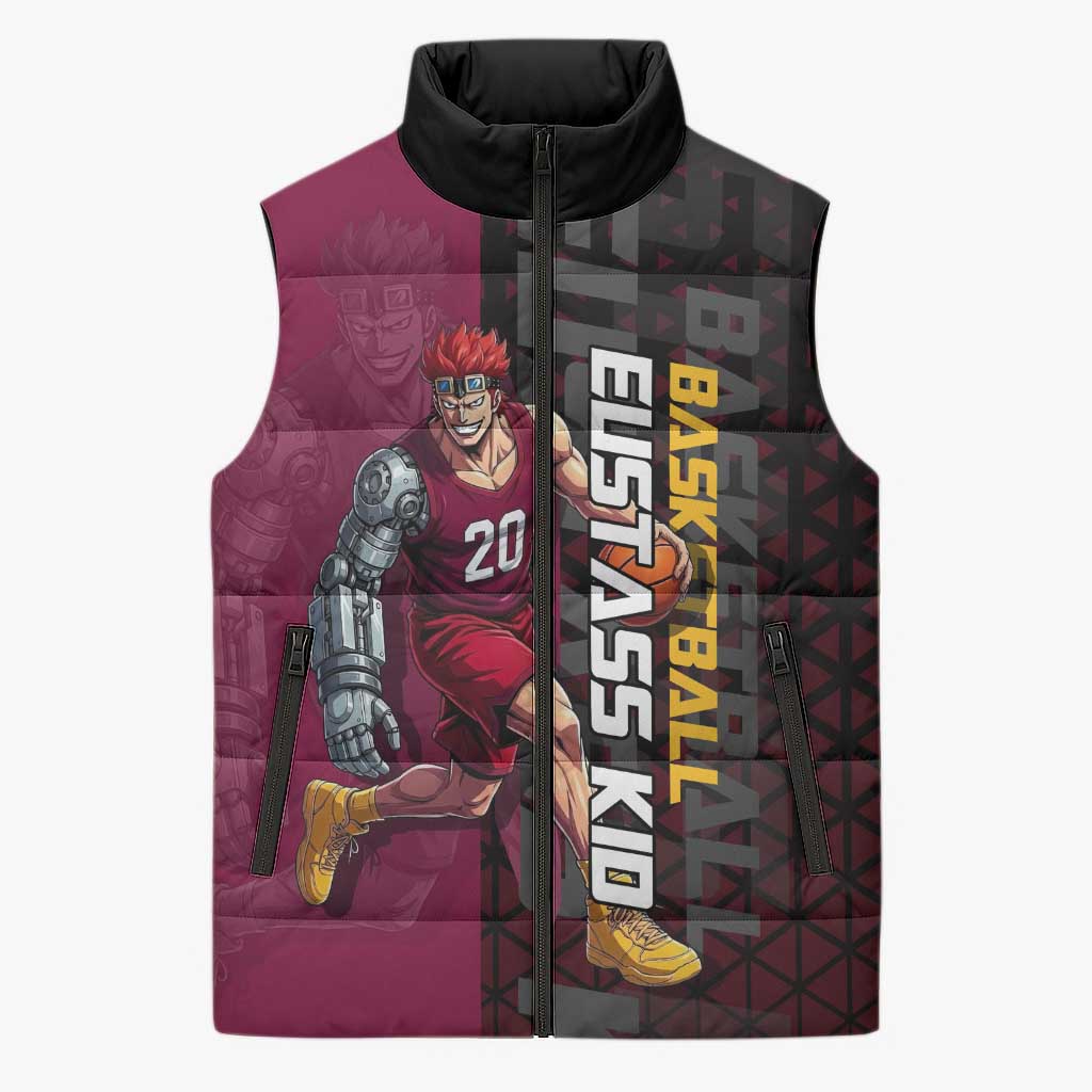 Eustass Kid One Piece Basketball Theme Red and Black Design Sleeveless Puffer Jacket with Flame Skull Emblem and Mechanical Arm Pose - The Mazicc
