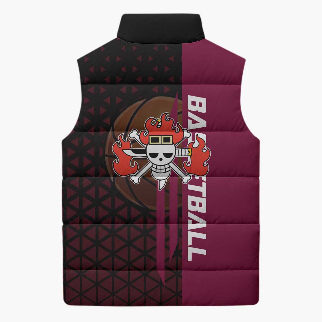 Eustass Kid One Piece Basketball Theme Red and Black Design Sleeveless Puffer Jacket with Flame Skull Emblem and Mechanical Arm Pose - The Mazicc
