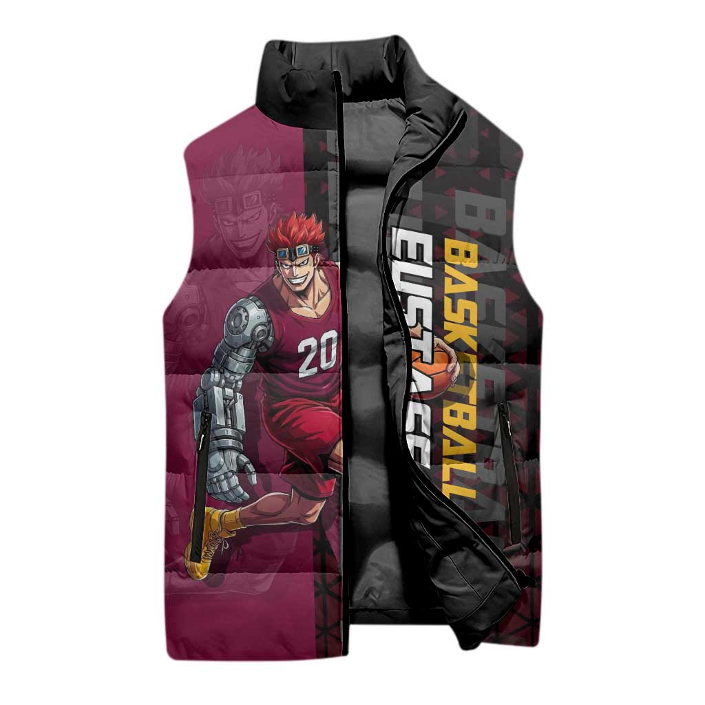 Eustass Kid One Piece Basketball Theme Red and Black Design Sleeveless Puffer Jacket with Flame Skull Emblem and Mechanical Arm Pose - The Mazicc