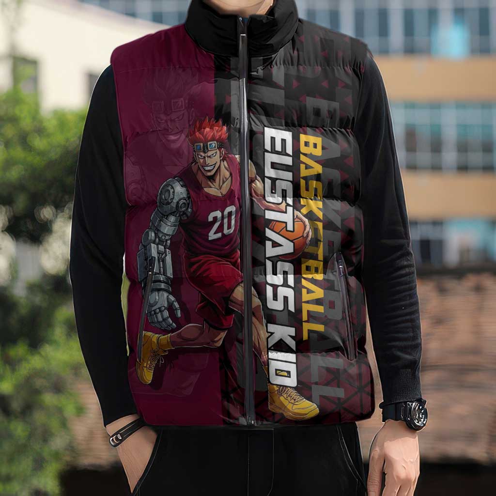 Eustass Kid One Piece Basketball Theme Red and Black Design Sleeveless Puffer Jacket with Flame Skull Emblem and Mechanical Arm Pose - The Mazicc