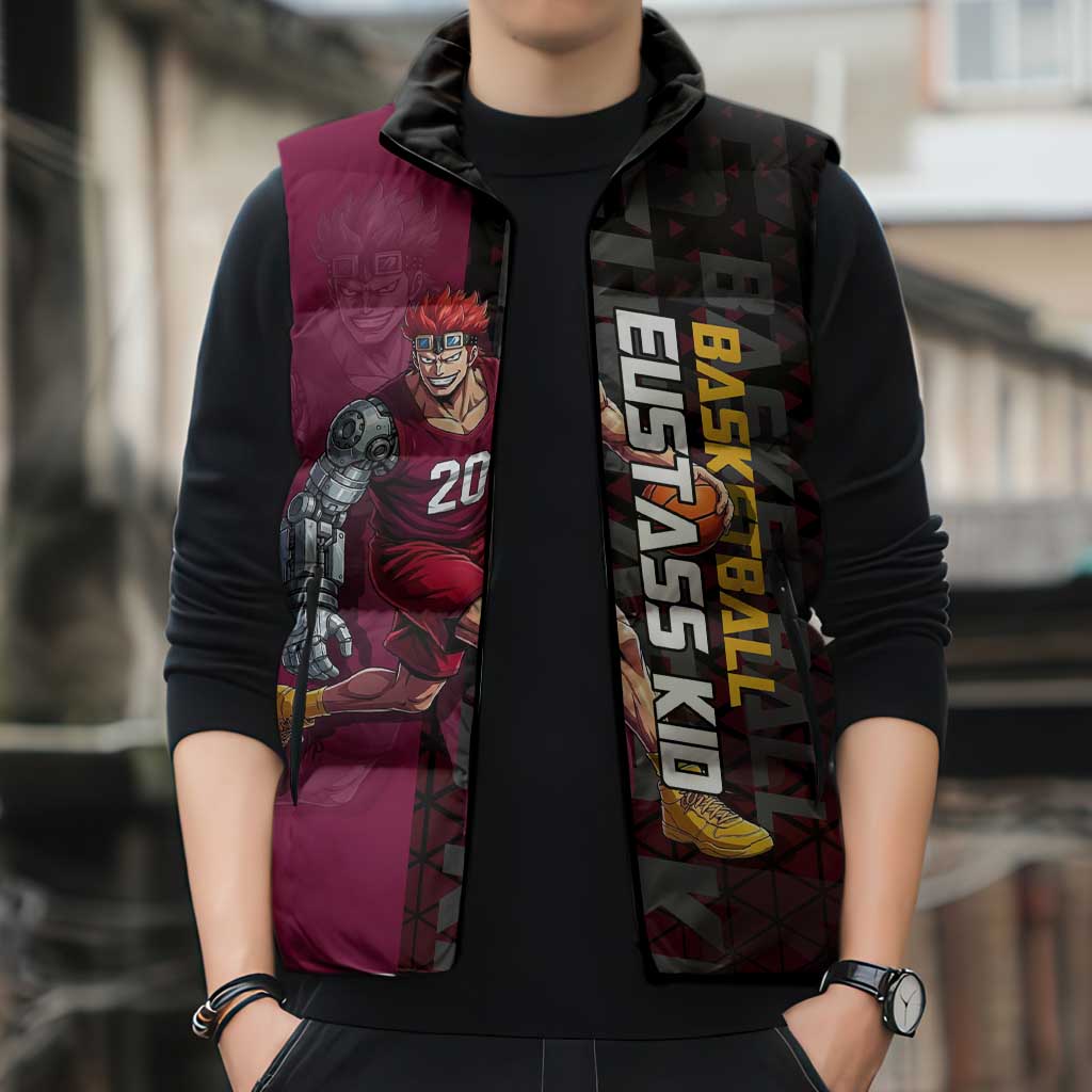 Eustass Kid One Piece Basketball Theme Red and Black Design Sleeveless Puffer Jacket with Flame Skull Emblem and Mechanical Arm Pose - The Mazicc