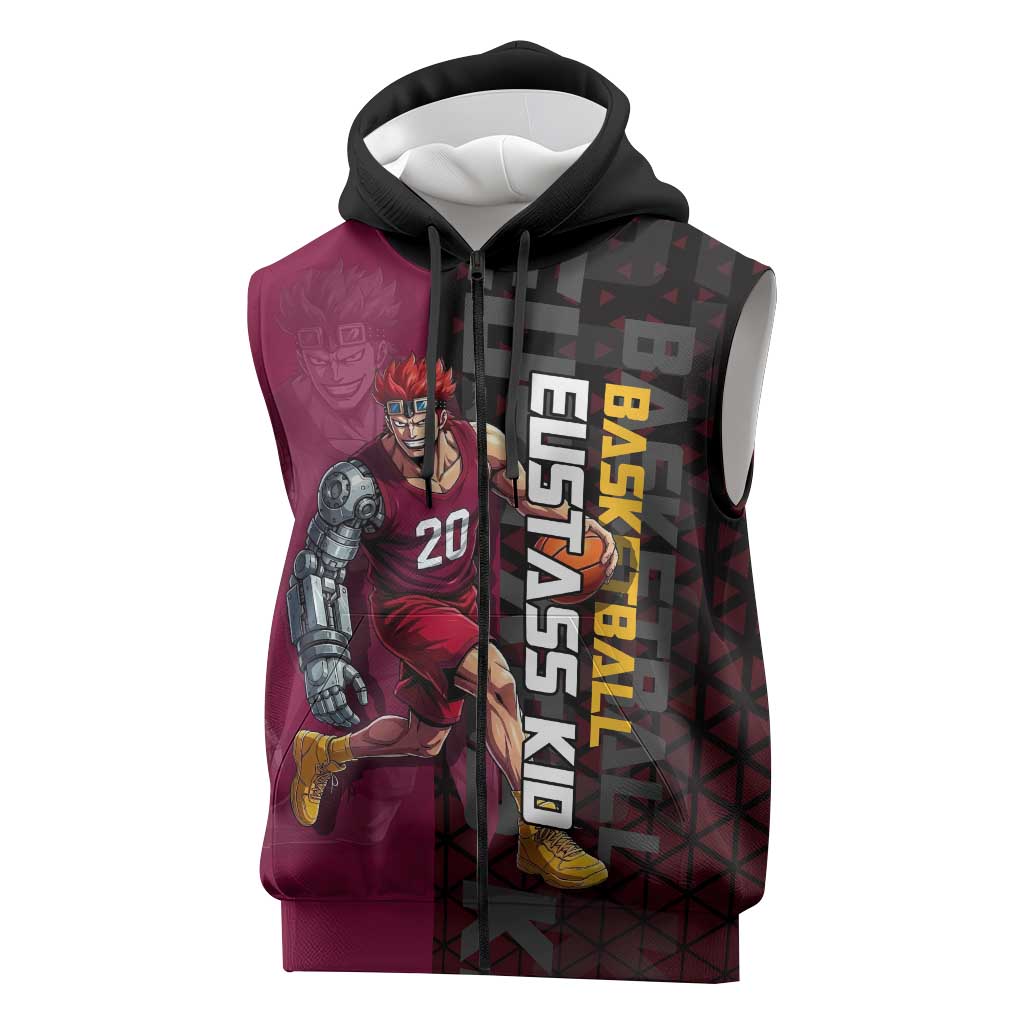 Eustass Kid One Piece Basketball Theme Red and Black Design Sleeveless Zip Hoodie with Flame Skull Emblem and Mechanical Arm Pose - The Mazicc