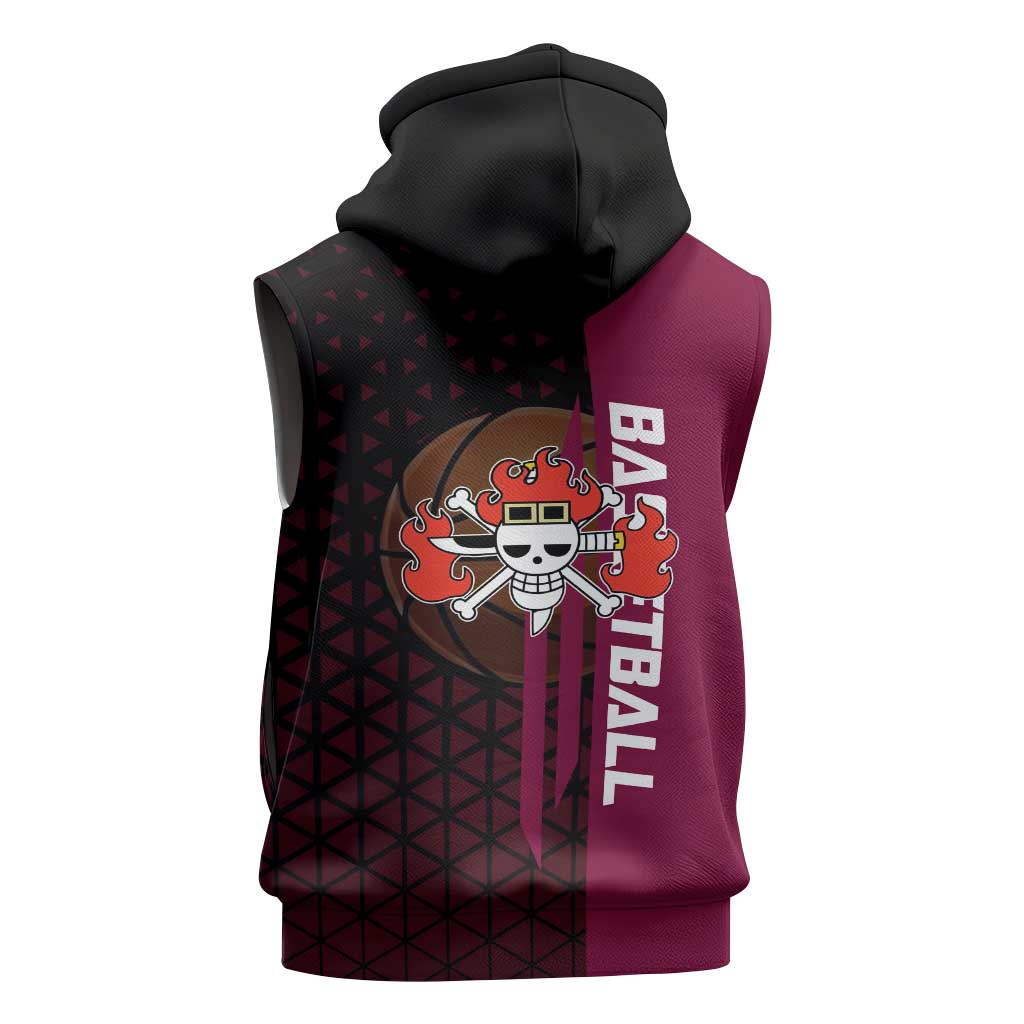 Eustass Kid One Piece Basketball Theme Red and Black Design Sleeveless Zip Hoodie with Flame Skull Emblem and Mechanical Arm Pose - The Mazicc