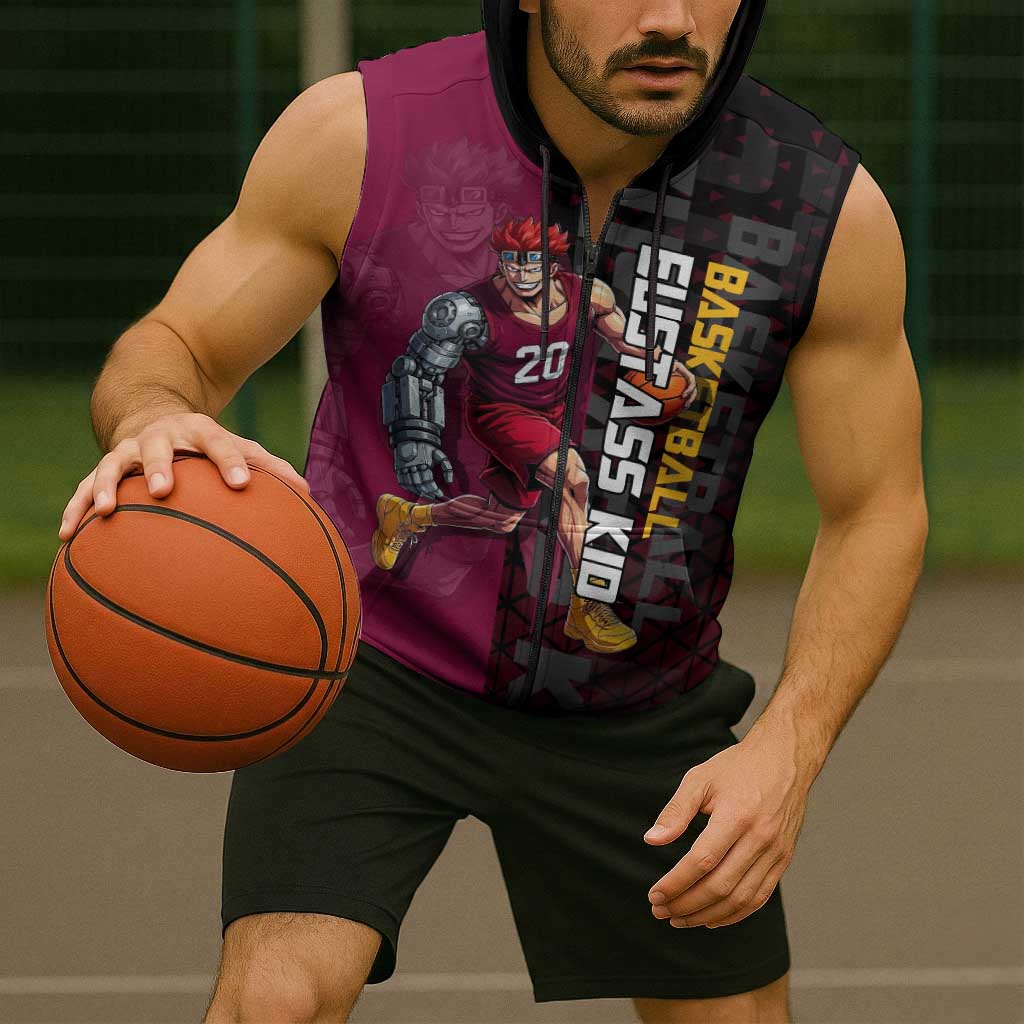 Eustass Kid One Piece Basketball Theme Red and Black Design Sleeveless Zip Hoodie with Flame Skull Emblem and Mechanical Arm Pose - The Mazicc