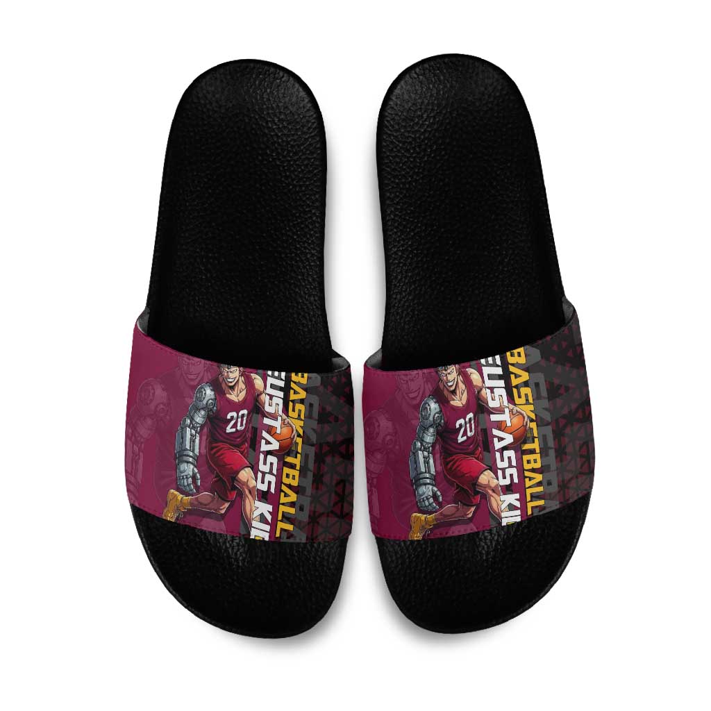 Eustass Kid One Piece Basketball Theme Red and Black Design Slide Sandals with Flame Skull Emblem and Mechanical Arm Pose - The Mazicc