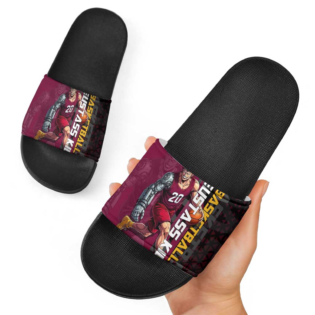 Eustass Kid One Piece Basketball Theme Red and Black Design Slide Sandals with Flame Skull Emblem and Mechanical Arm Pose - The Mazicc