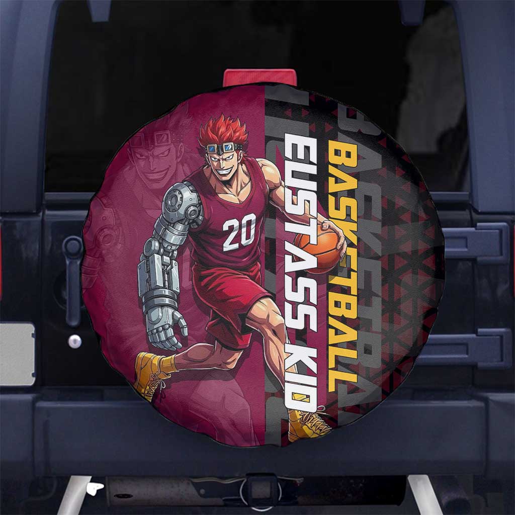 Eustass Kid One Piece Basketball Theme Red and Black Design Spare Tire Cover with Flame Skull Emblem and Mechanical Arm Pose - The Mazicc