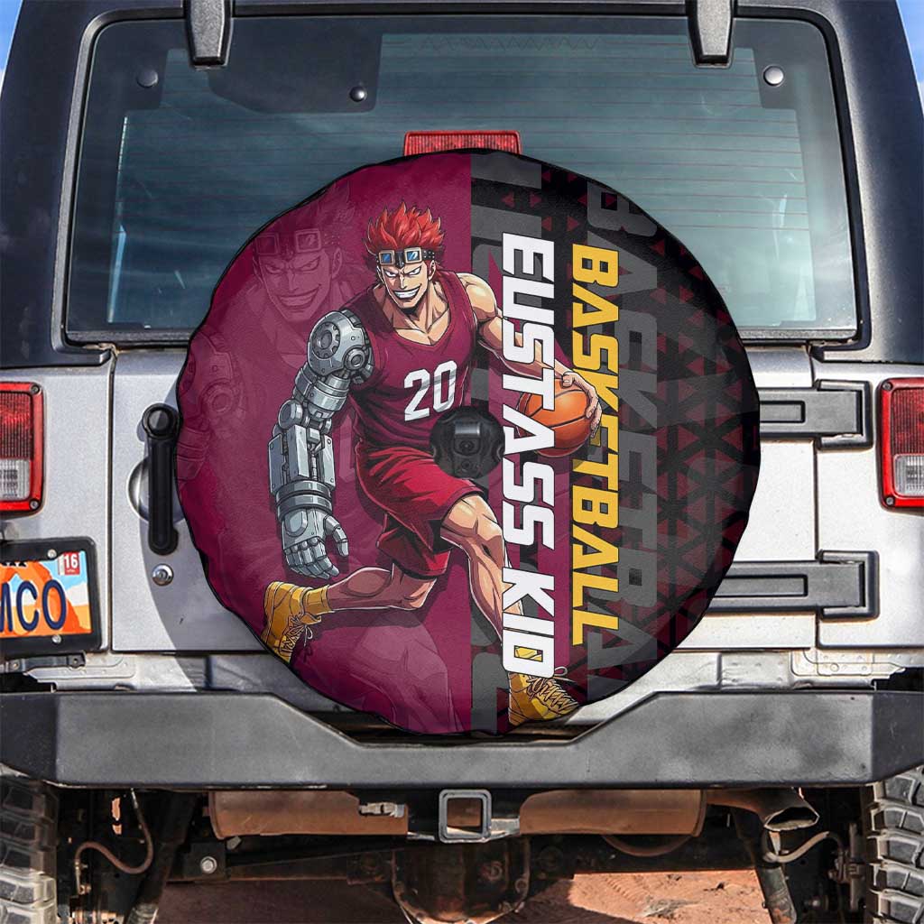 Eustass Kid One Piece Basketball Theme Red and Black Design Spare Tire Cover with Flame Skull Emblem and Mechanical Arm Pose - The Mazicc
