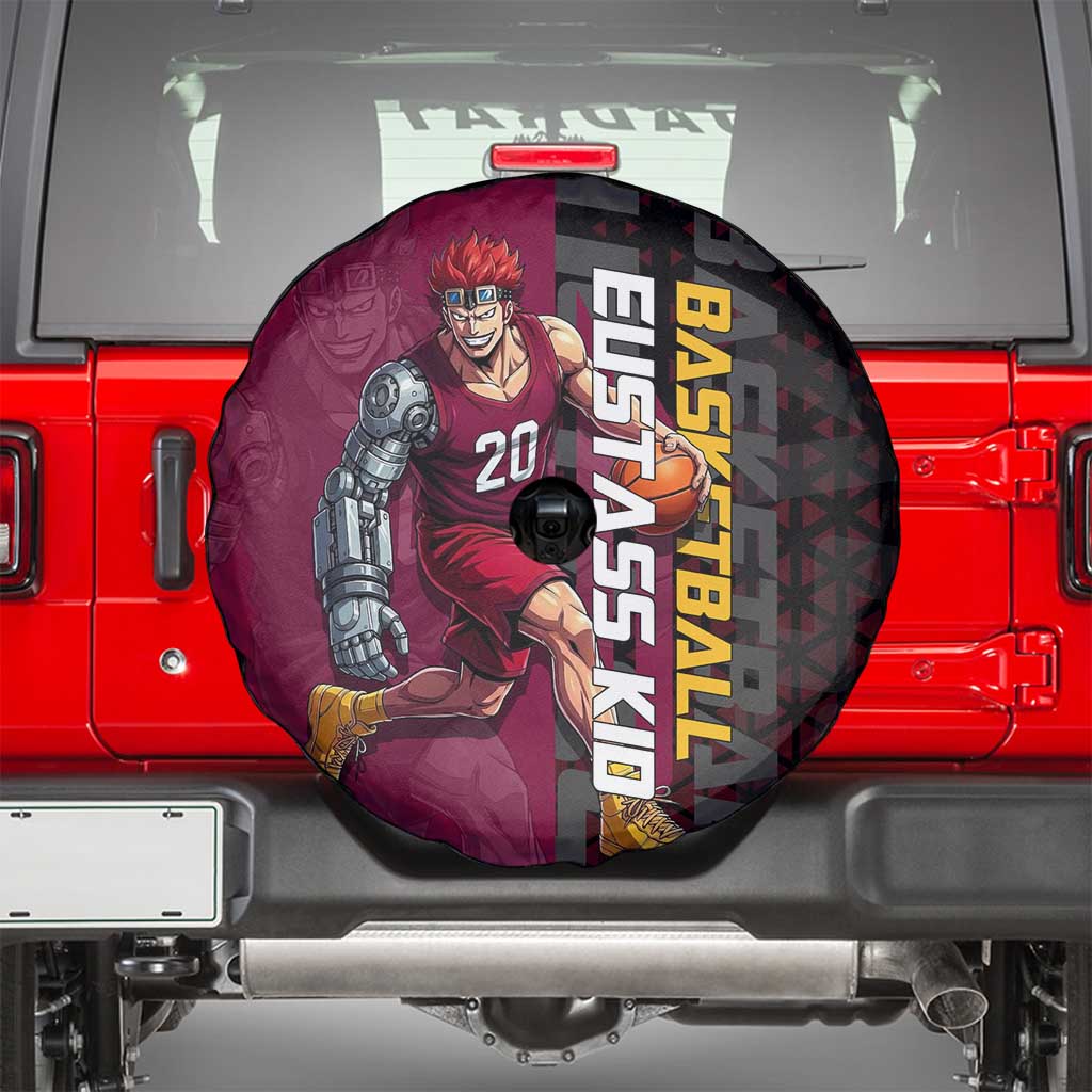 Eustass Kid One Piece Basketball Theme Red and Black Design Spare Tire Cover with Flame Skull Emblem and Mechanical Arm Pose - The Mazicc