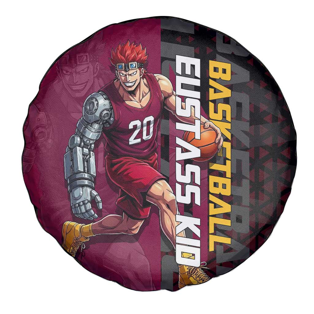 Eustass Kid One Piece Basketball Theme Red and Black Design Spare Tire Cover with Flame Skull Emblem and Mechanical Arm Pose - The Mazicc