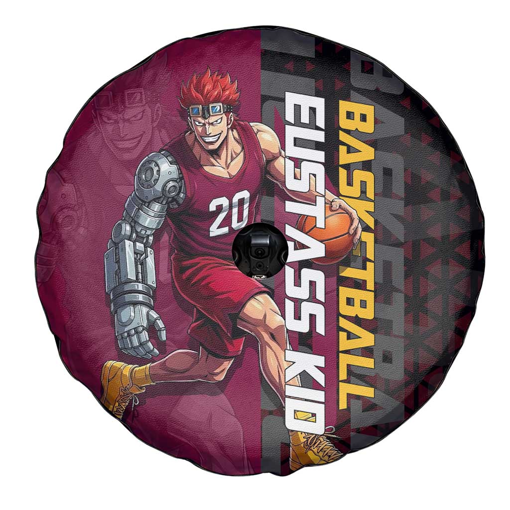Eustass Kid One Piece Basketball Theme Red and Black Design Spare Tire Cover with Flame Skull Emblem and Mechanical Arm Pose - The Mazicc