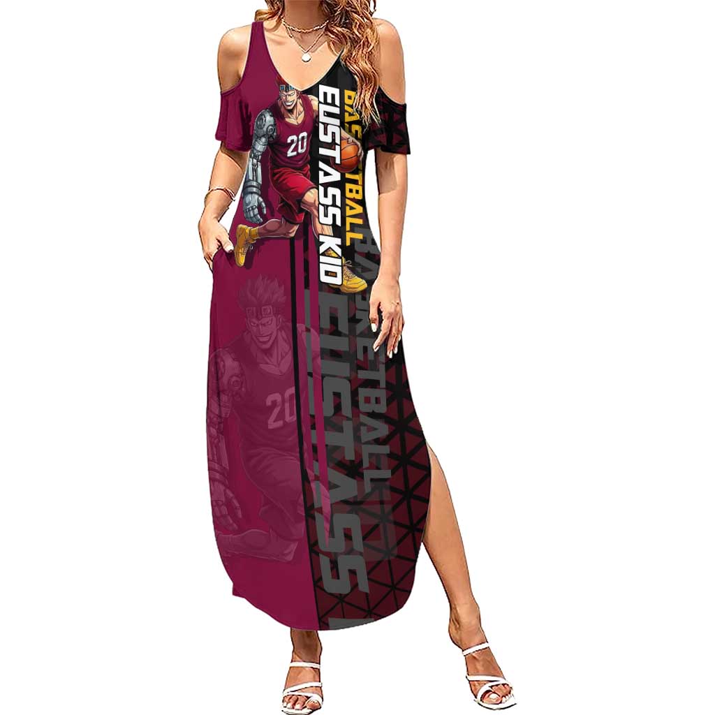 Eustass Kid One Piece Basketball Theme Red and Black Design Summer Maxi Dress with Flame Skull Emblem and Mechanical Arm Pose - The Mazicc