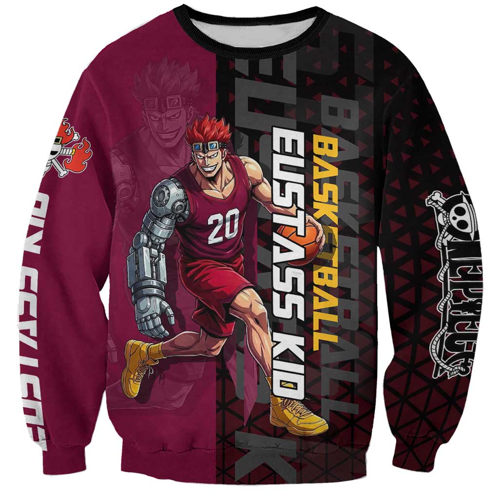 Eustass Kid One Piece Basketball Theme Red and Black Design Sweatshirt with Flame Skull Emblem and Mechanical Arm Pose - The Mazicc