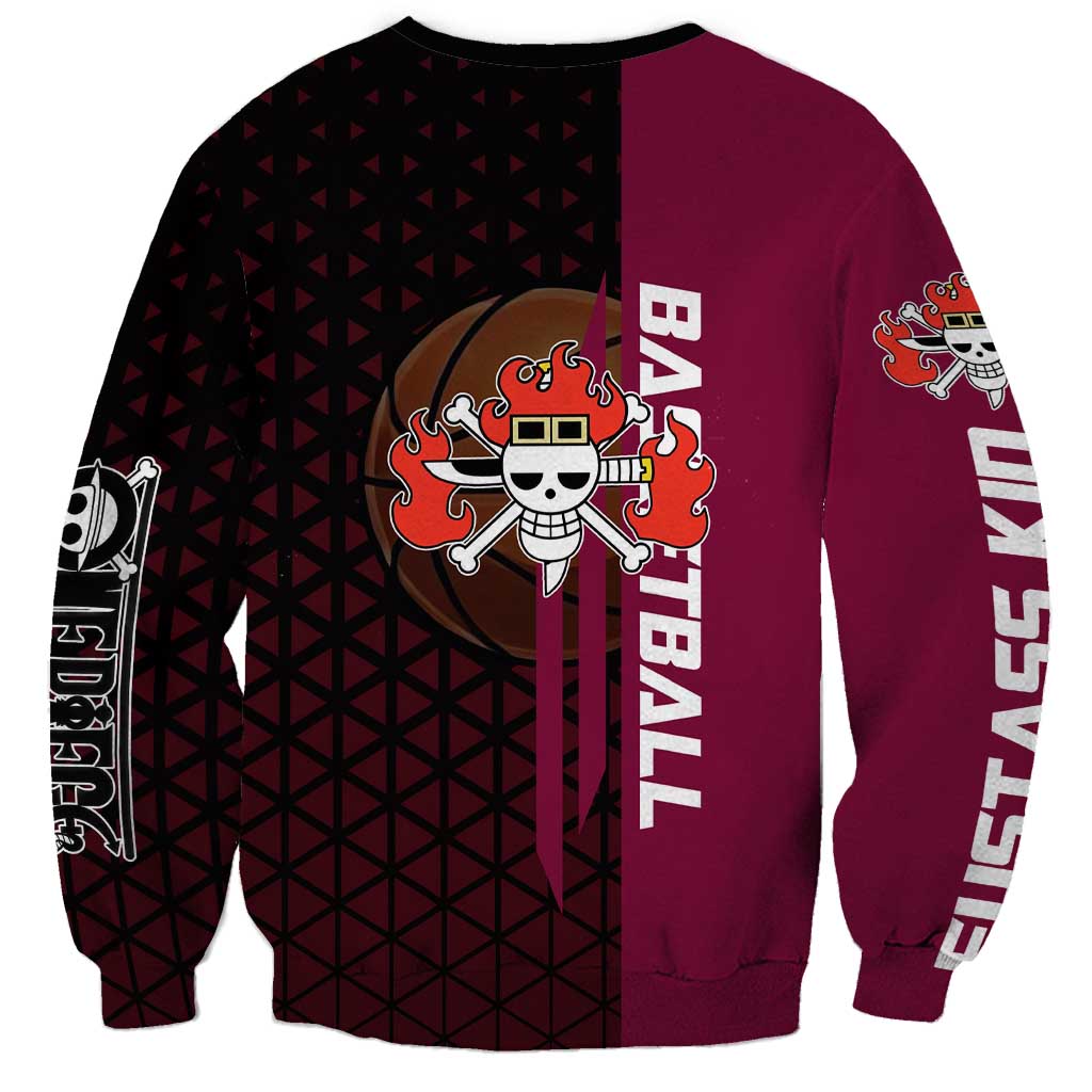 Eustass Kid One Piece Basketball Theme Red and Black Design Sweatshirt with Flame Skull Emblem and Mechanical Arm Pose - The Mazicc