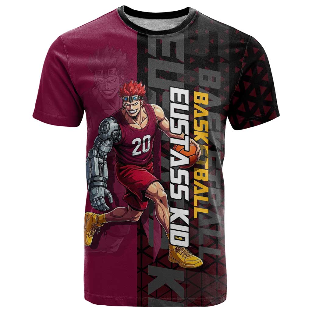 Eustass Kid One Piece Basketball Theme Red and Black Design T Shirt with Flame Skull Emblem and Mechanical Arm Pose - The Mazicc