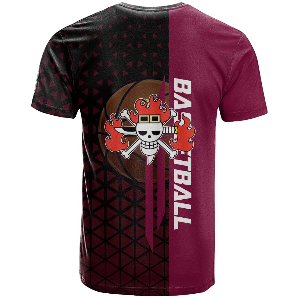 Eustass Kid One Piece Basketball Theme Red and Black Design T Shirt with Flame Skull Emblem and Mechanical Arm Pose - The Mazicc