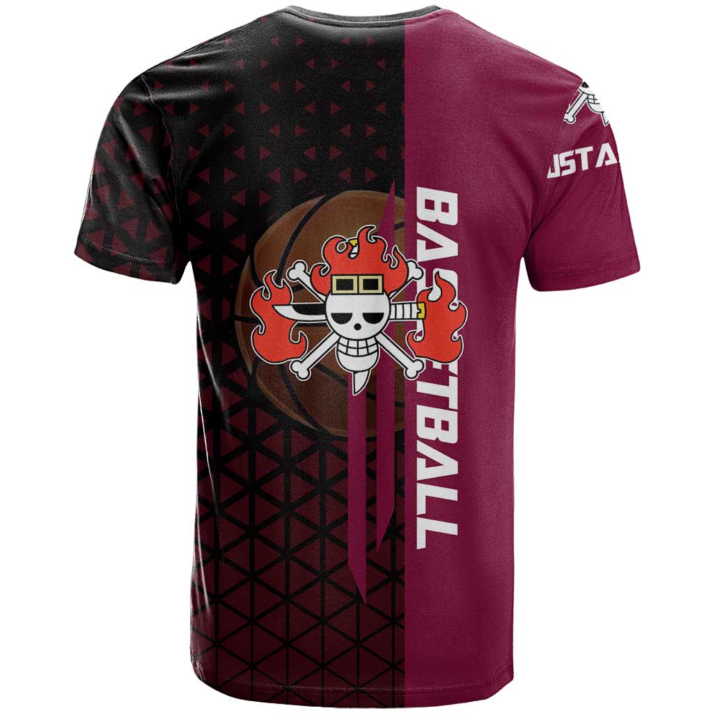 Eustass Kid One Piece Basketball Theme Red and Black Design T Shirt with Flame Skull Emblem and Mechanical Arm Pose - The Mazicc