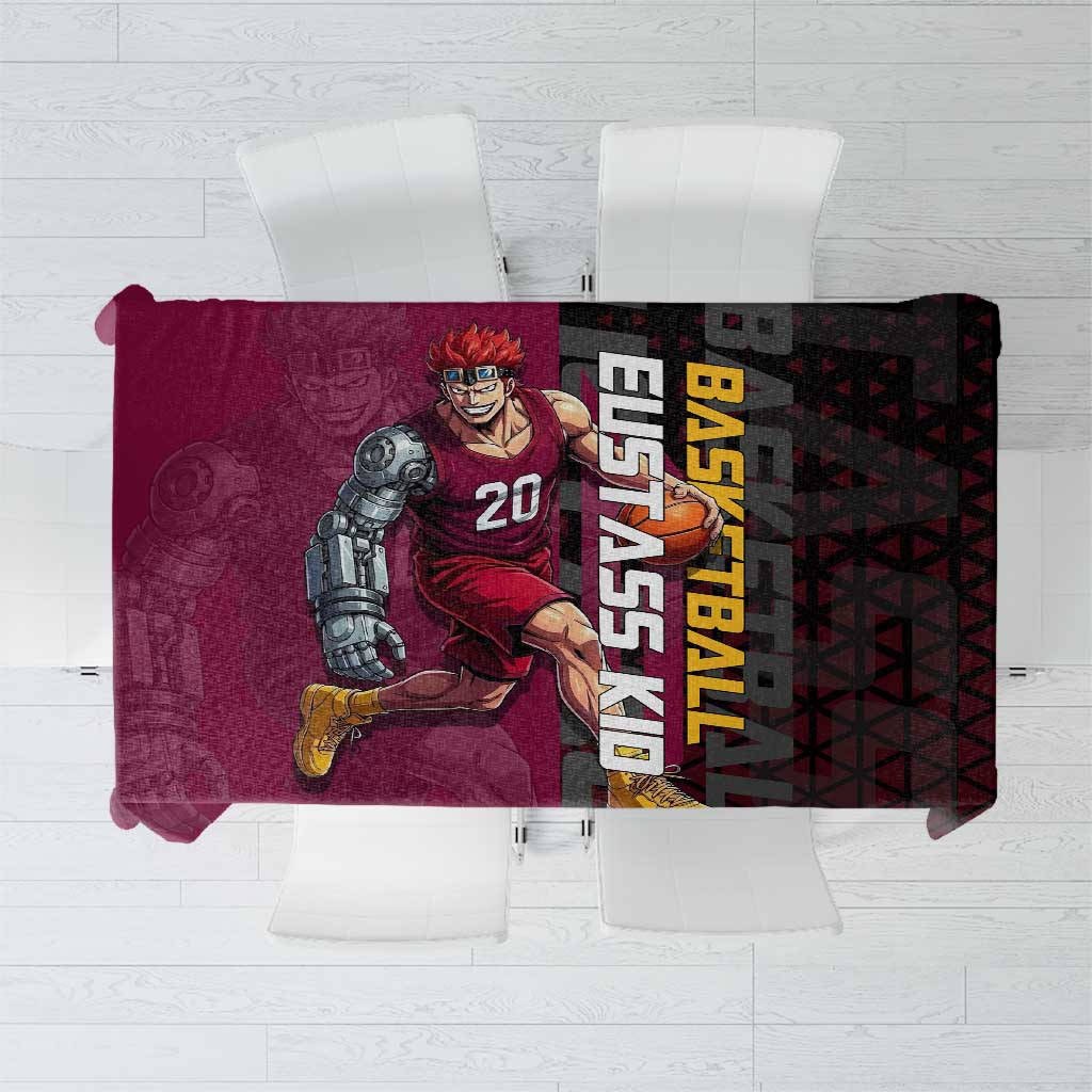 Eustass Kid One Piece Basketball Theme Red and Black Design Tablecloth with Flame Skull Emblem and Mechanical Arm Pose - The Mazicc