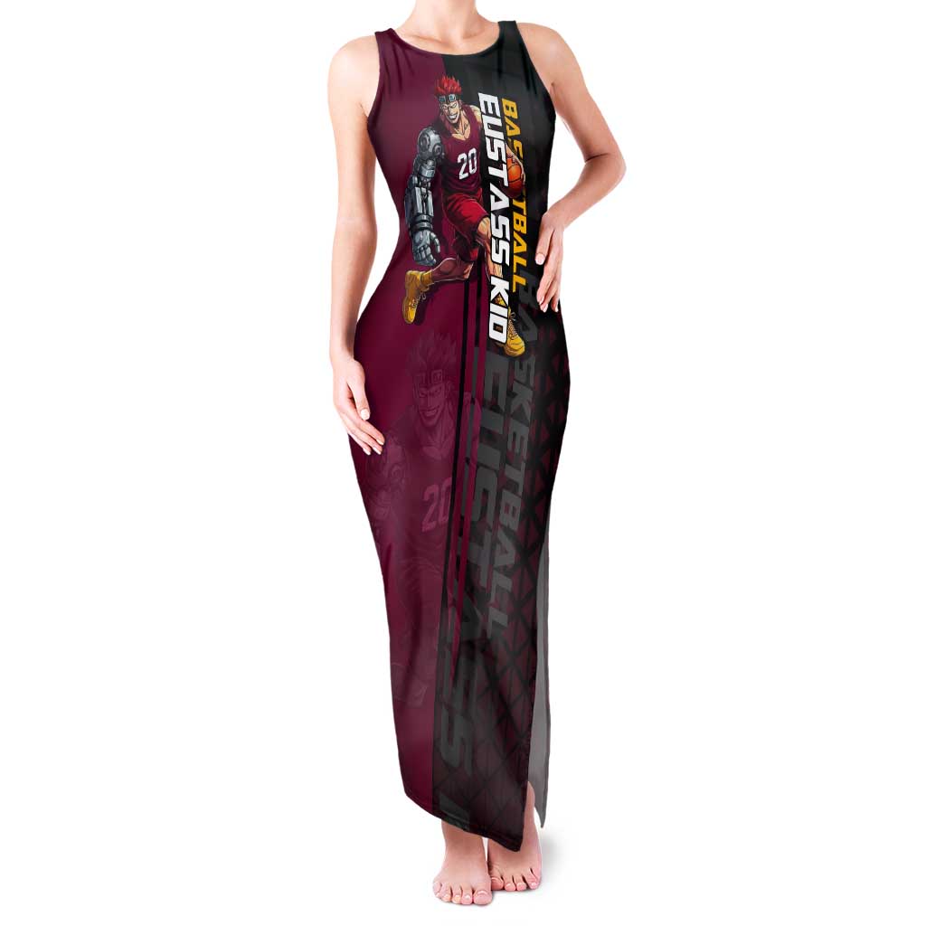 Eustass Kid One Piece Basketball Theme Red and Black Design Tank Maxi Dress with Flame Skull Emblem and Mechanical Arm Pose - The Mazicc