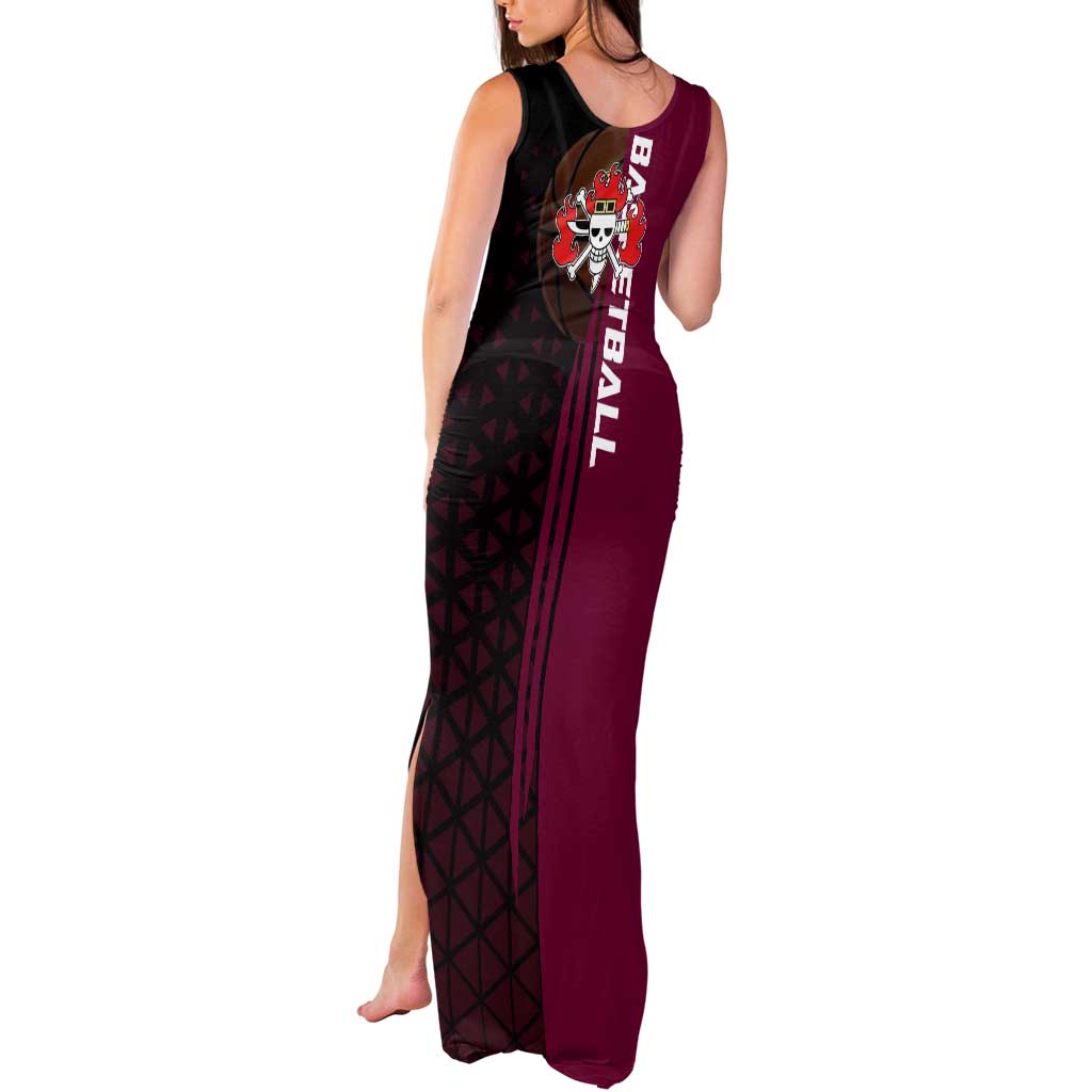 Eustass Kid One Piece Basketball Theme Red and Black Design Tank Maxi Dress with Flame Skull Emblem and Mechanical Arm Pose - The Mazicc