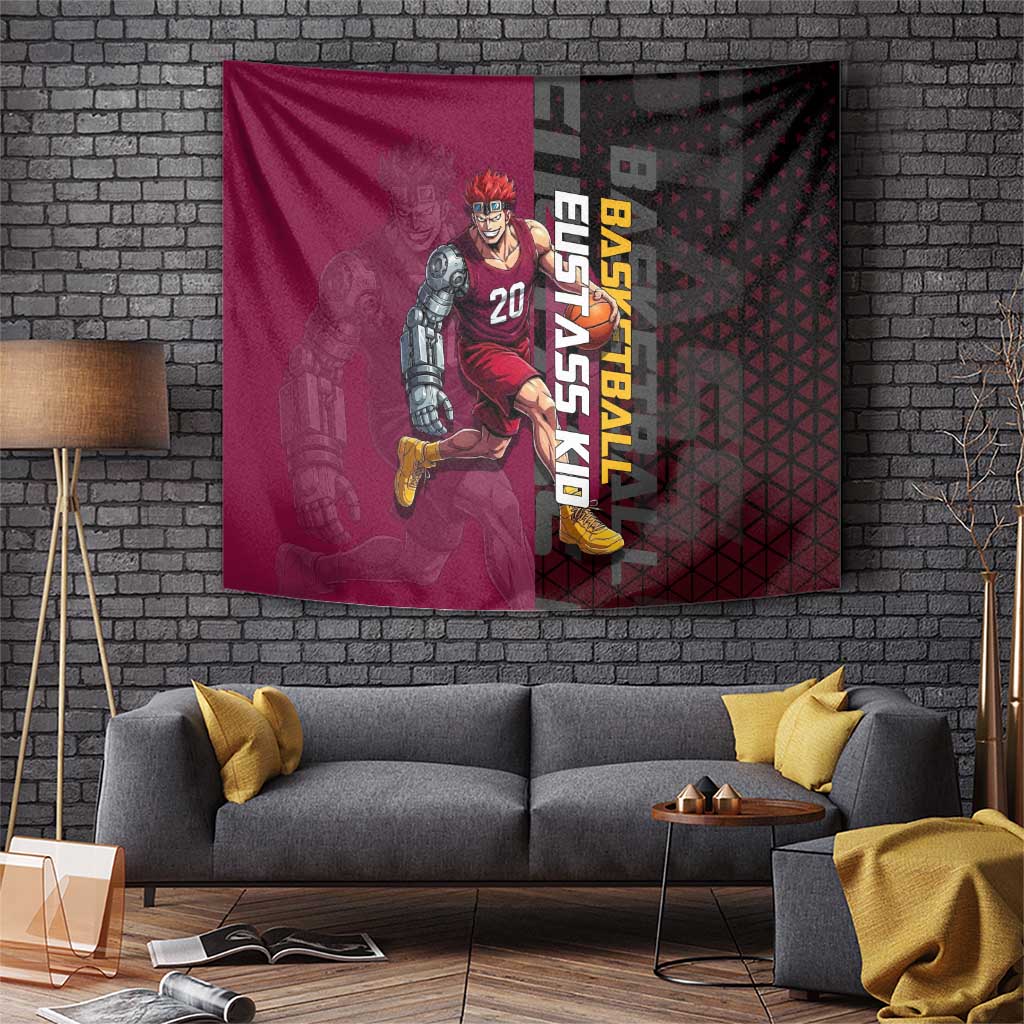 Eustass Kid One Piece Basketball Theme Red and Black Design Tapestry with Flame Skull Emblem and Mechanical Arm Pose - The Mazicc