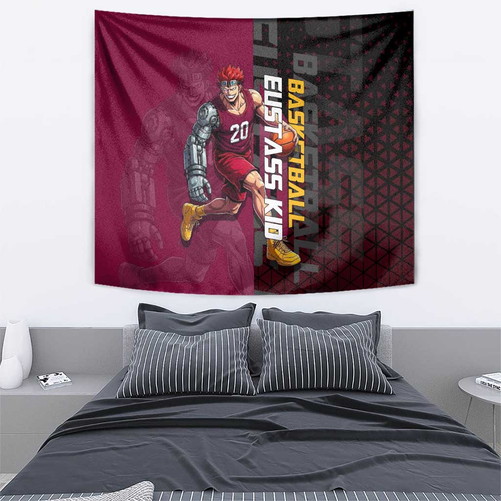 Eustass Kid One Piece Basketball Theme Red and Black Design Tapestry with Flame Skull Emblem and Mechanical Arm Pose - The Mazicc