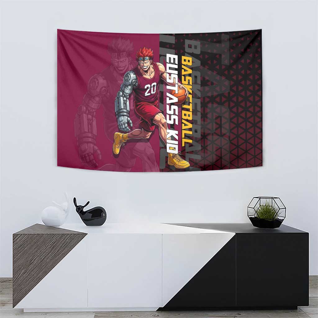 Eustass Kid One Piece Basketball Theme Red and Black Design Tapestry with Flame Skull Emblem and Mechanical Arm Pose - The Mazicc