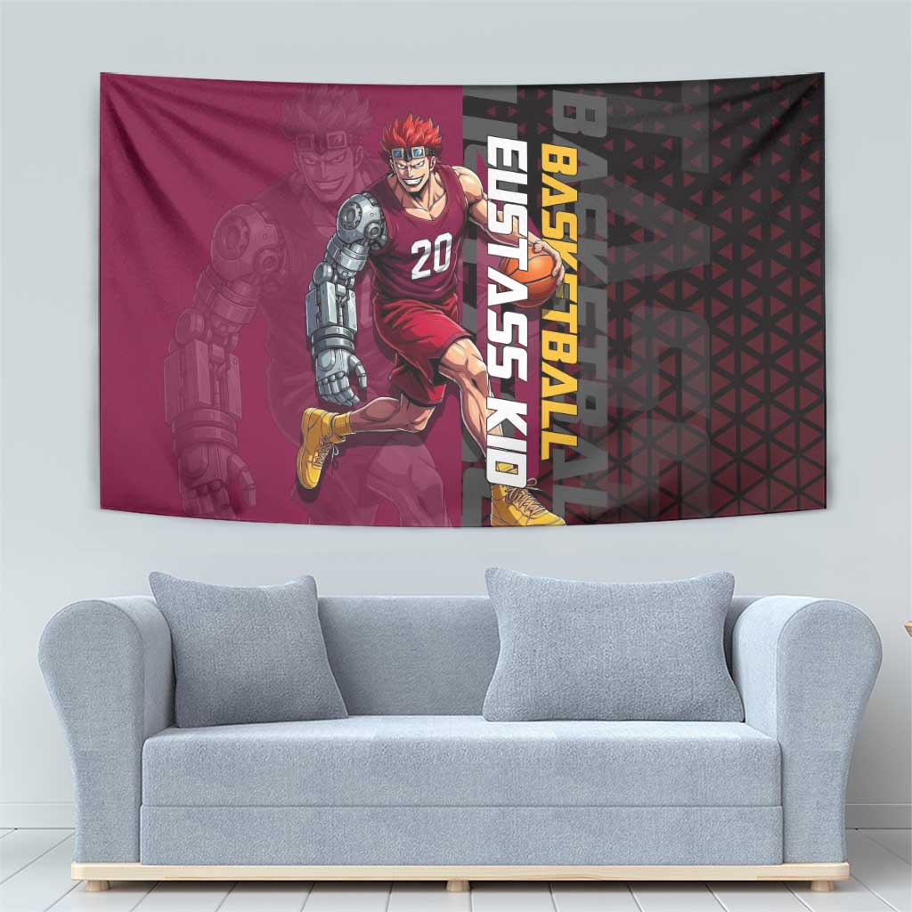 Eustass Kid One Piece Basketball Theme Red and Black Design Tapestry with Flame Skull Emblem and Mechanical Arm Pose - The Mazicc