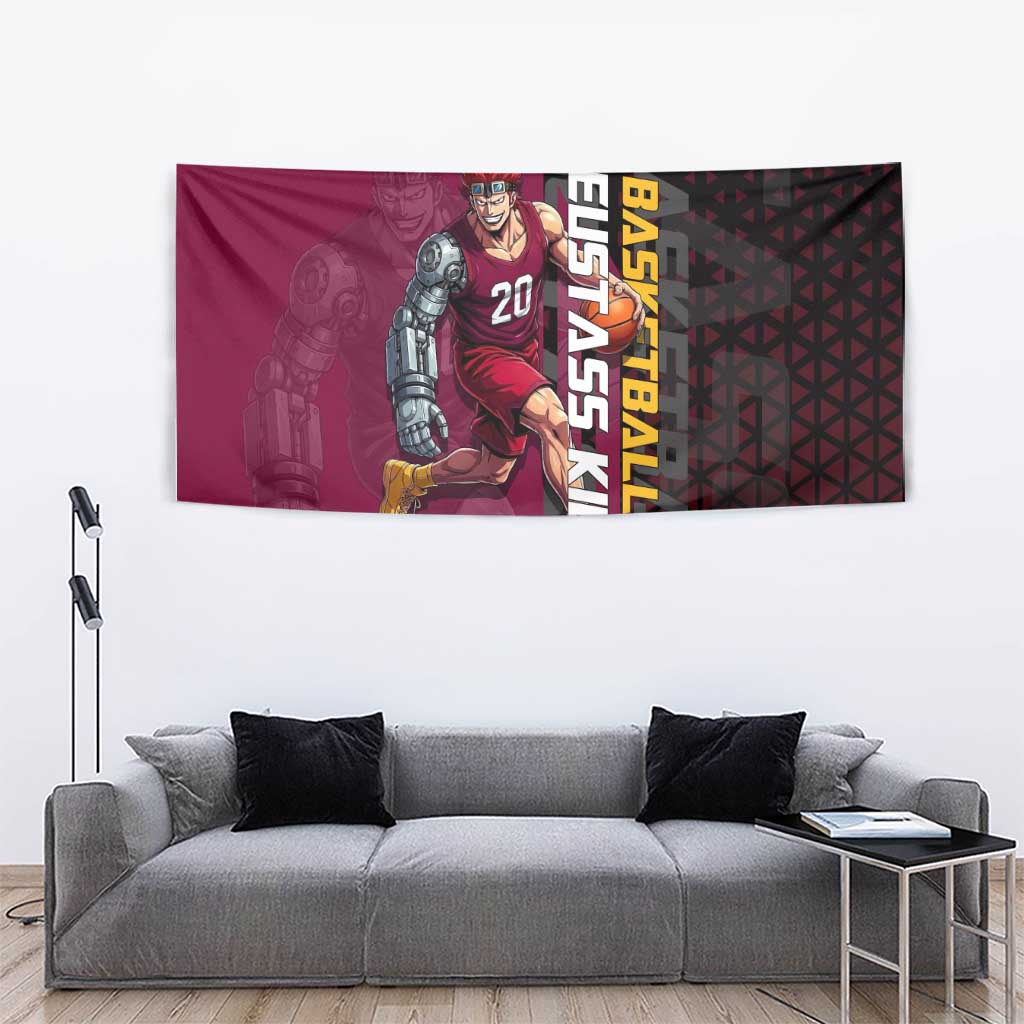Eustass Kid One Piece Basketball Theme Red and Black Design Tapestry with Flame Skull Emblem and Mechanical Arm Pose - The Mazicc