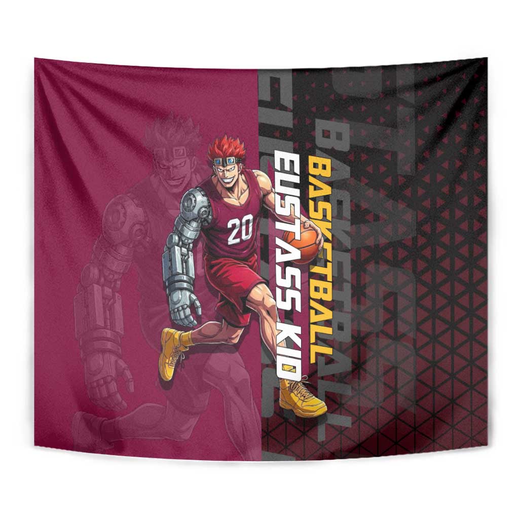 Eustass Kid One Piece Basketball Theme Red and Black Design Tapestry with Flame Skull Emblem and Mechanical Arm Pose - The Mazicc