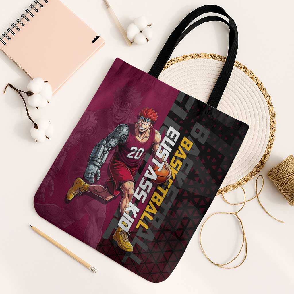 Eustass Kid One Piece Basketball Theme Red and Black Design Tote Bag with Flame Skull Emblem and Mechanical Arm Pose - The Mazicc