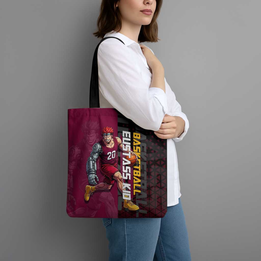 Eustass Kid One Piece Basketball Theme Red and Black Design Tote Bag with Flame Skull Emblem and Mechanical Arm Pose - The Mazicc