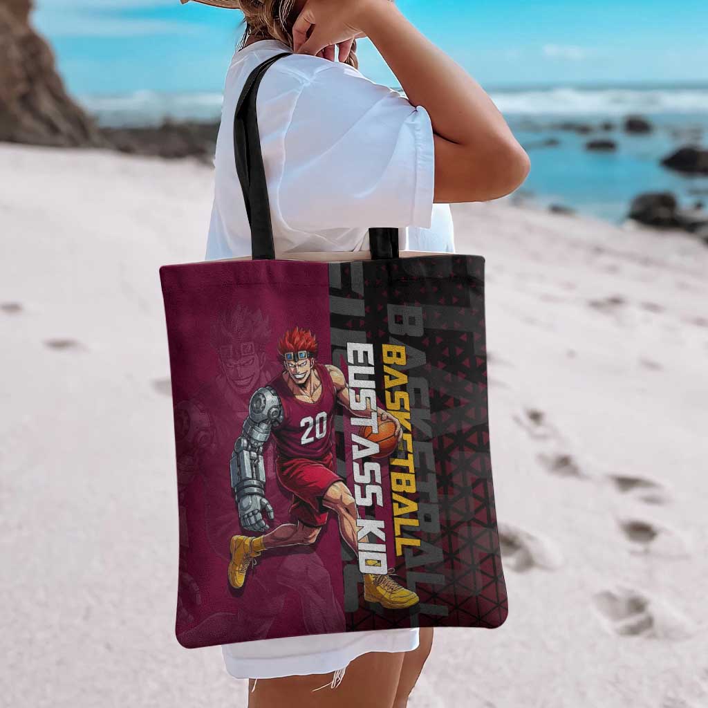 Eustass Kid One Piece Basketball Theme Red and Black Design Tote Bag with Flame Skull Emblem and Mechanical Arm Pose - The Mazicc