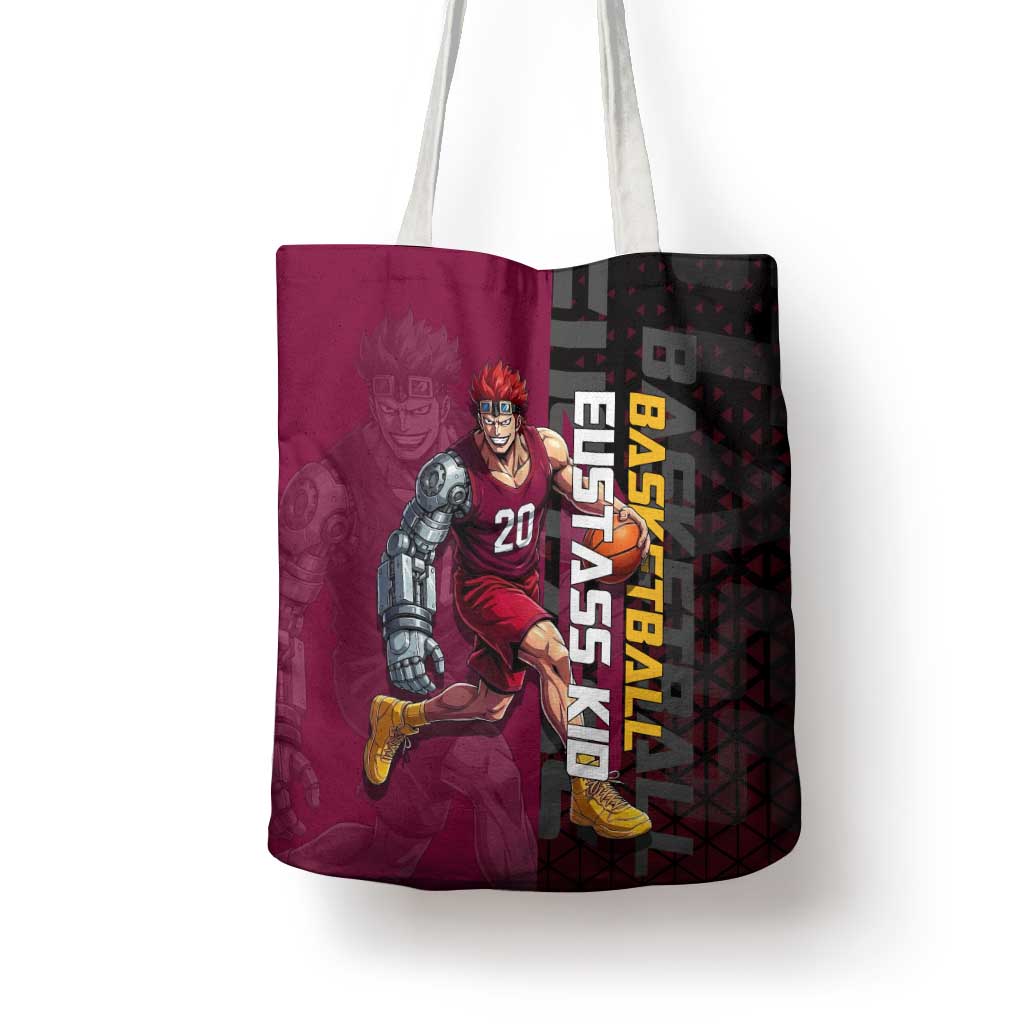 Eustass Kid One Piece Basketball Theme Red and Black Design Tote Bag with Flame Skull Emblem and Mechanical Arm Pose - The Mazicc