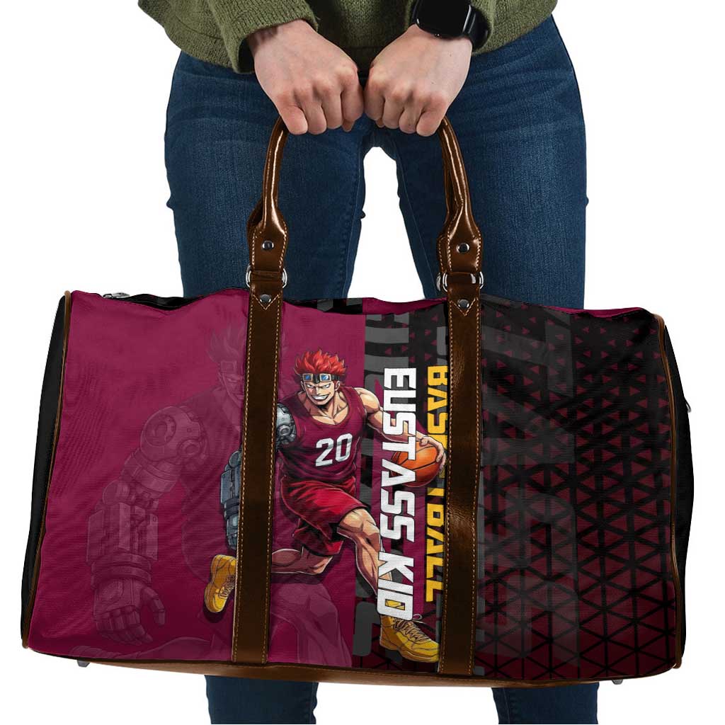 Eustass Kid One Piece Basketball Theme Red and Black Design Travel Bag with Flame Skull Emblem and Mechanical Arm Pose - The Mazicc