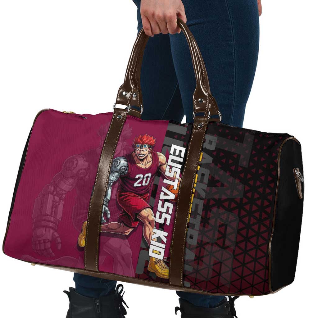 Eustass Kid One Piece Basketball Theme Red and Black Design Travel Bag with Flame Skull Emblem and Mechanical Arm Pose - The Mazicc