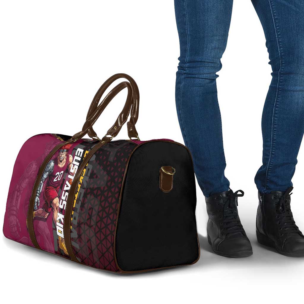 Eustass Kid One Piece Basketball Theme Red and Black Design Travel Bag with Flame Skull Emblem and Mechanical Arm Pose - The Mazicc