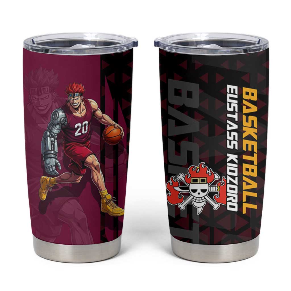 Eustass Kid One Piece Basketball Theme Red and Black Design Tumbler Cup with Flame Skull Emblem and Mechanical Arm Pose - The Mazicc