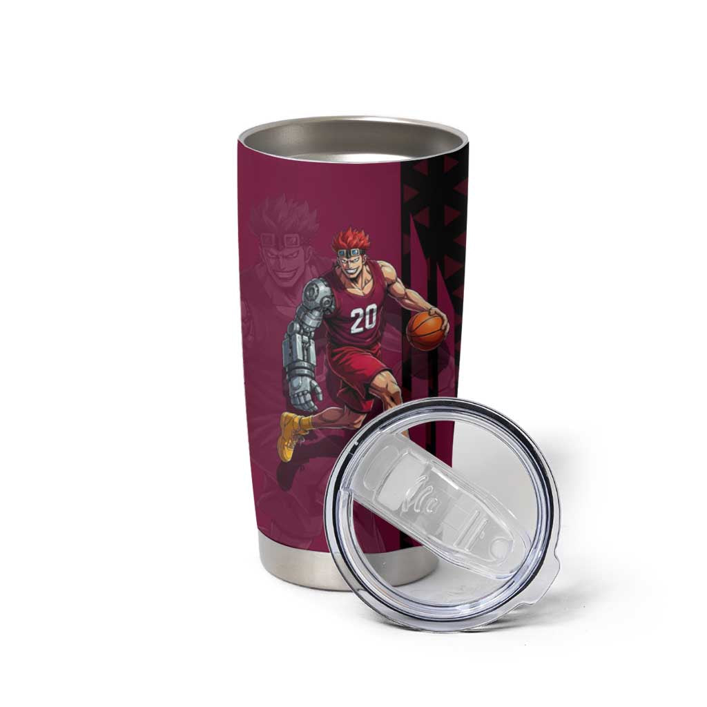 Eustass Kid One Piece Basketball Theme Red and Black Design Tumbler Cup with Flame Skull Emblem and Mechanical Arm Pose - The Mazicc