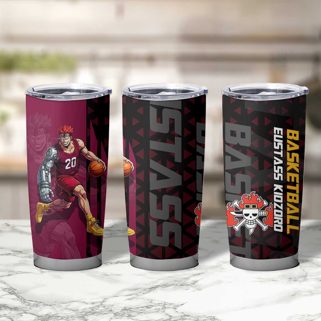 Eustass Kid One Piece Basketball Theme Red and Black Design Tumbler Cup with Flame Skull Emblem and Mechanical Arm Pose - The Mazicc