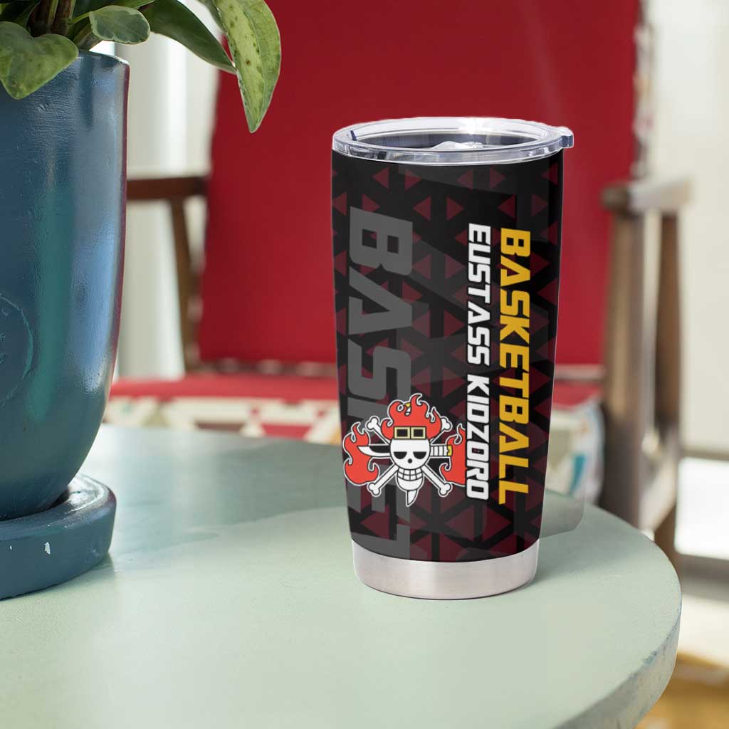 Eustass Kid One Piece Basketball Theme Red and Black Design Tumbler Cup with Flame Skull Emblem and Mechanical Arm Pose - The Mazicc
