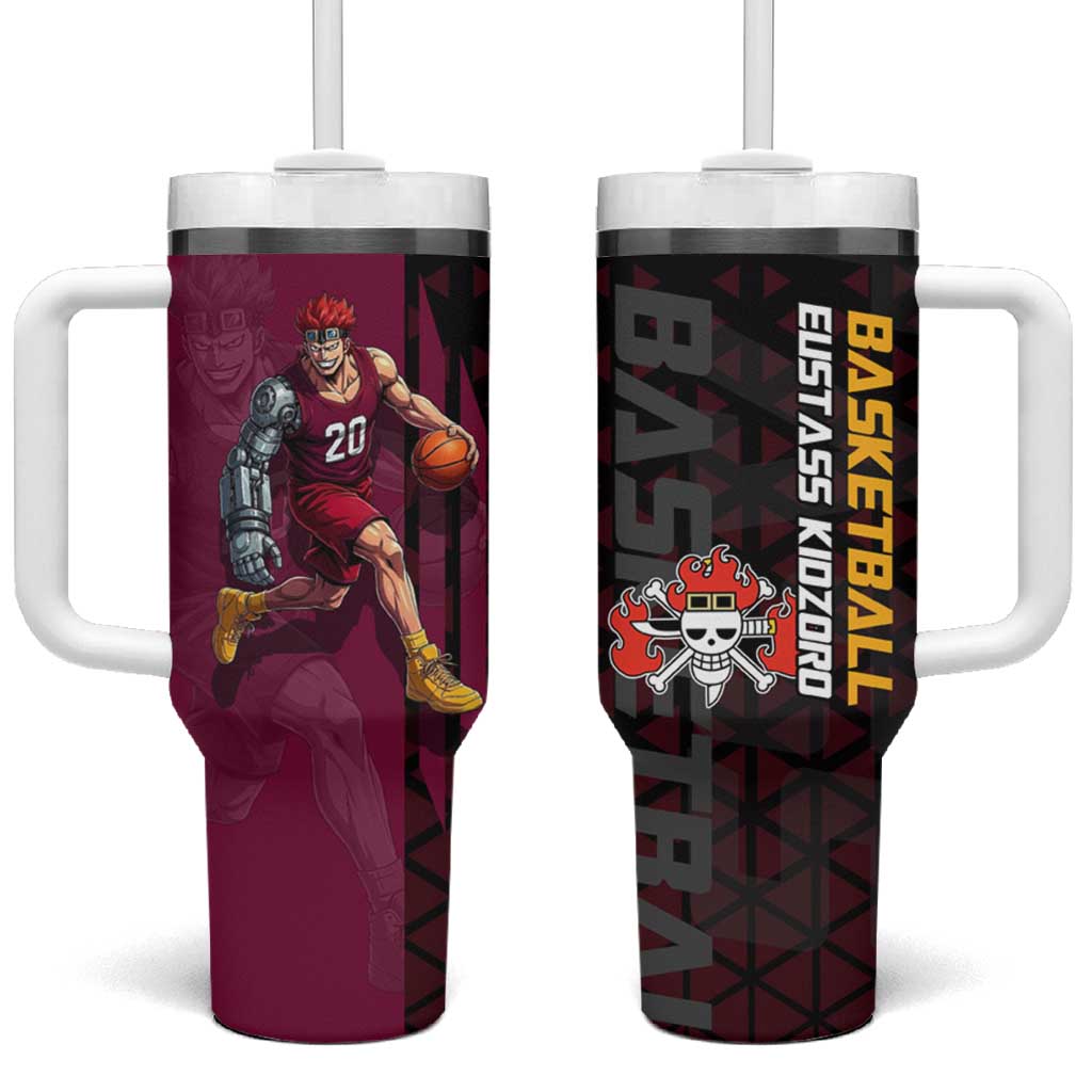 Eustass Kid One Piece Basketball Theme Red and Black Design Tumbler With Handle with Flame Skull Emblem and Mechanical Arm Pose - The Mazicc