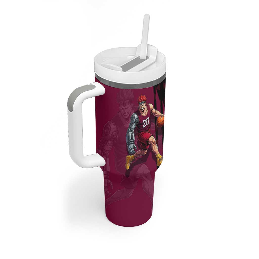 Eustass Kid One Piece Basketball Theme Red and Black Design Tumbler With Handle with Flame Skull Emblem and Mechanical Arm Pose - The Mazicc