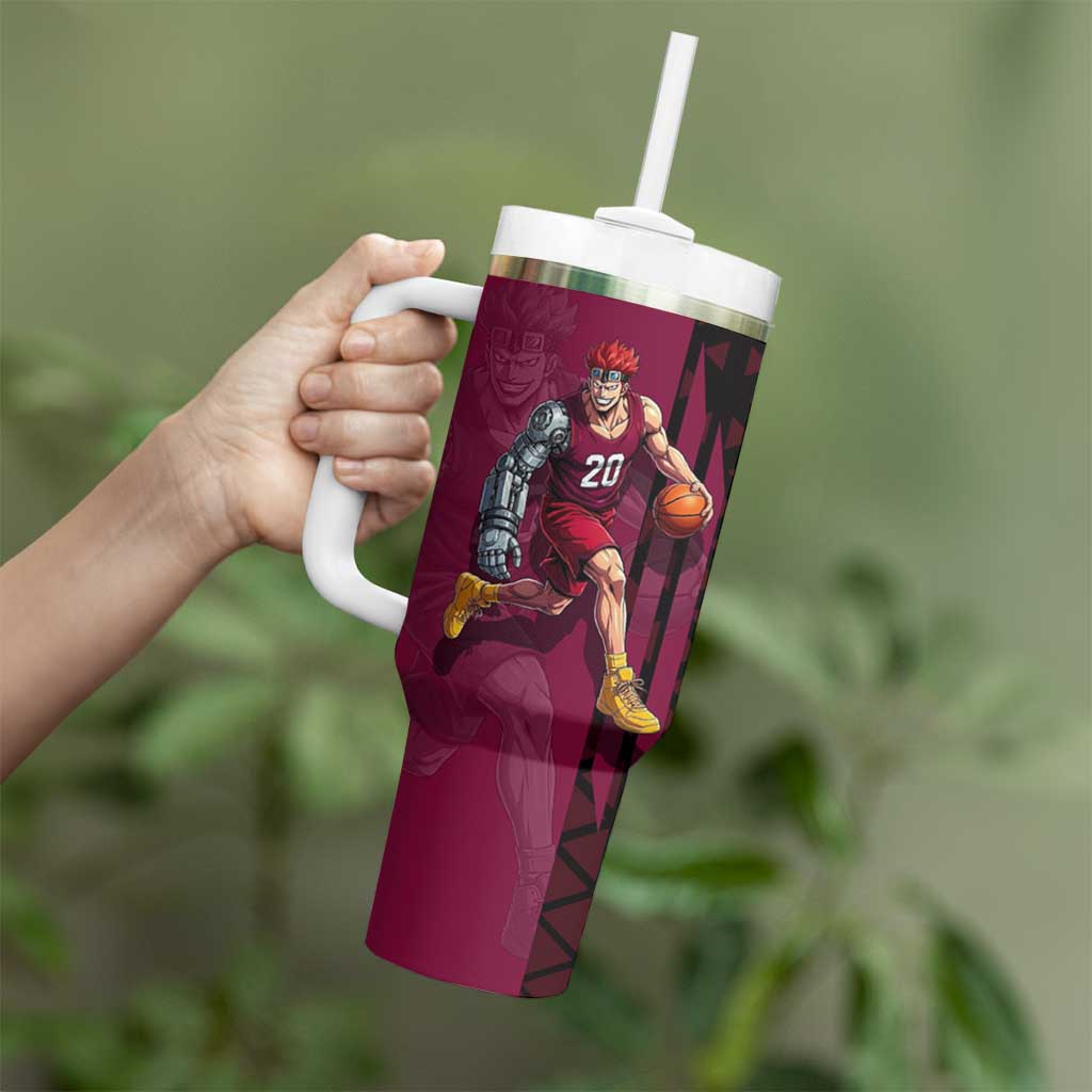 Eustass Kid One Piece Basketball Theme Red and Black Design Tumbler With Handle with Flame Skull Emblem and Mechanical Arm Pose - The Mazicc