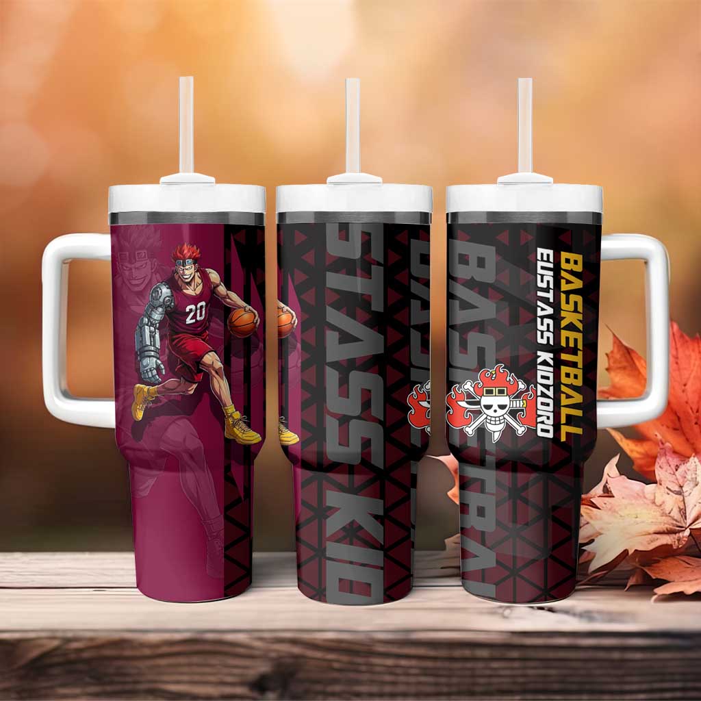 Eustass Kid One Piece Basketball Theme Red and Black Design Tumbler With Handle with Flame Skull Emblem and Mechanical Arm Pose - The Mazicc