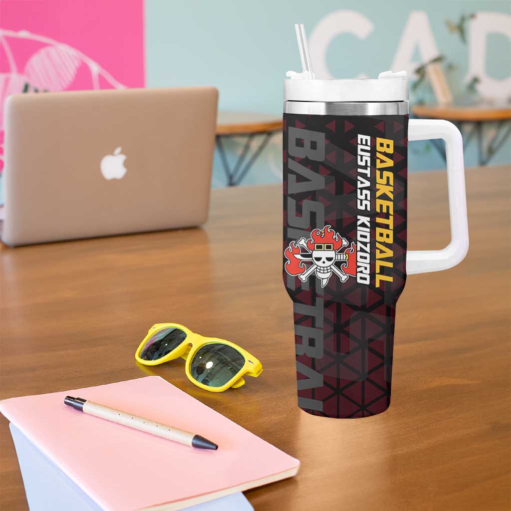 Eustass Kid One Piece Basketball Theme Red and Black Design Tumbler With Handle with Flame Skull Emblem and Mechanical Arm Pose - The Mazicc