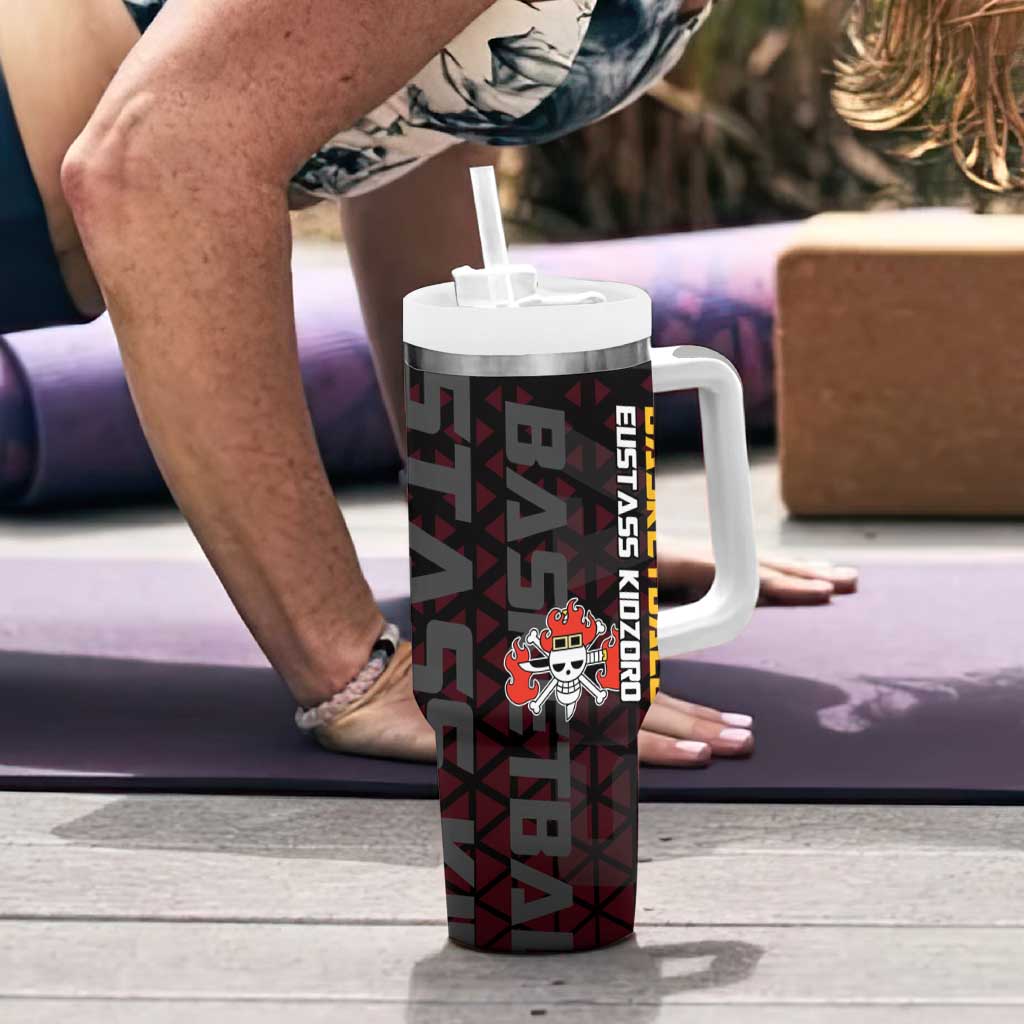 Eustass Kid One Piece Basketball Theme Red and Black Design Tumbler With Handle with Flame Skull Emblem and Mechanical Arm Pose - The Mazicc