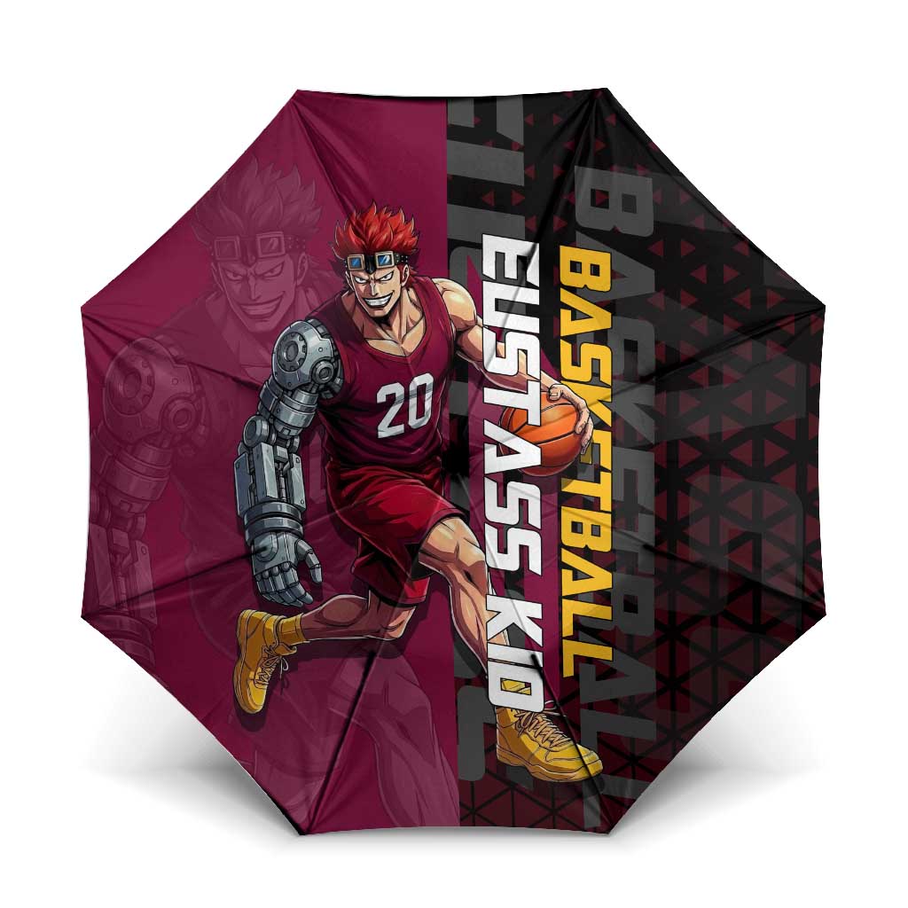 Eustass Kid One Piece Basketball Theme Red and Black Design Umbrella with Flame Skull Emblem and Mechanical Arm Pose - The Mazicc